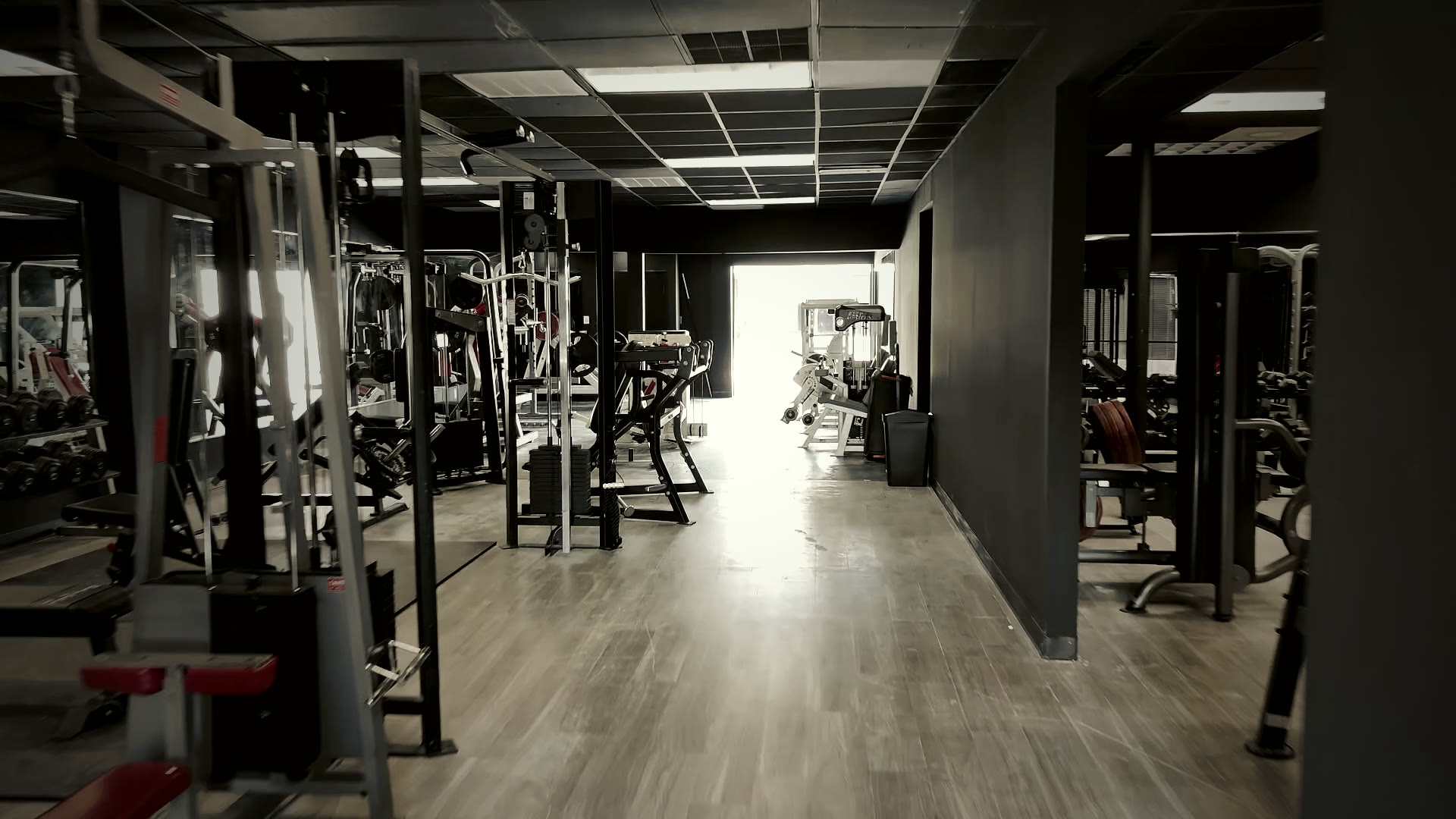 Walking onto the Hadeed training floor: racks, dumbbells and machines under black walls
